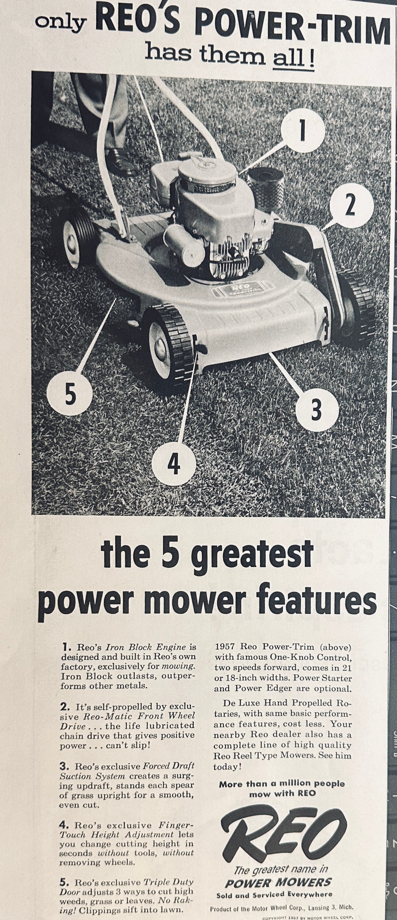 1957 REO Power Trim Lawn Mower Magazine Ad