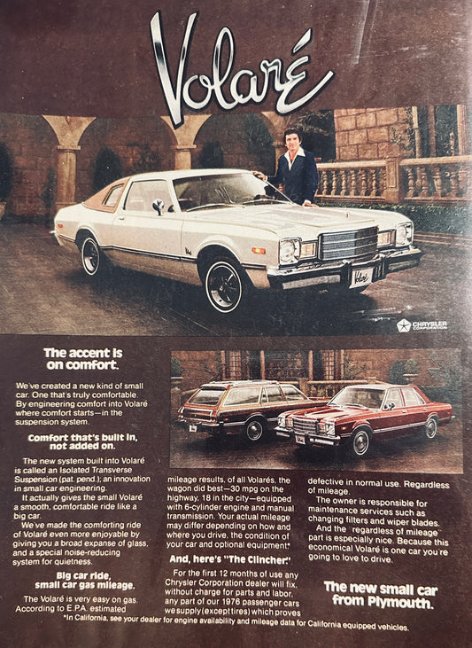 1976 Plymouth Volare White 2-Door Coupe - Sergio Franchi - Magazine Ad