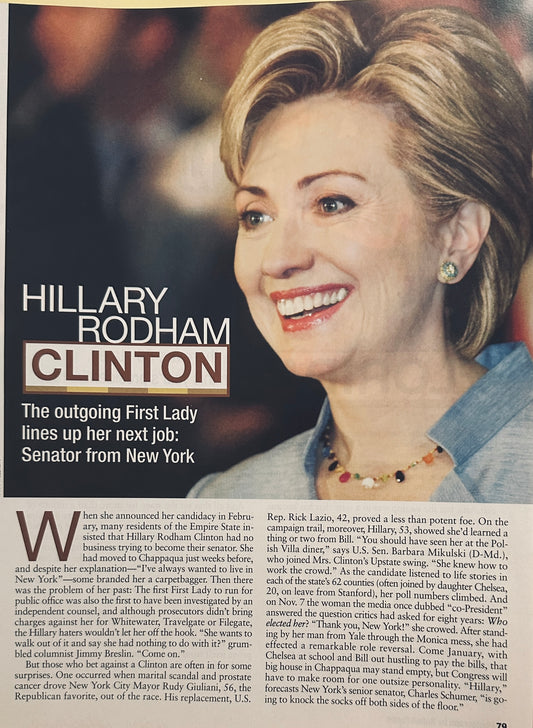 2000 Hillary Clinton - Post First Lady Running For NY Senate Article