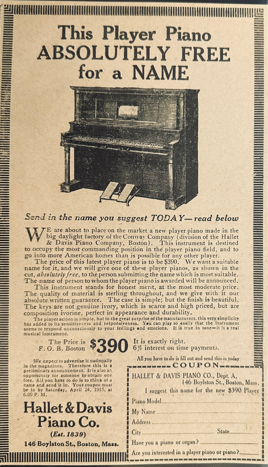 1910 - 1919 Hallet & Davis Player Piano Magazine Ad