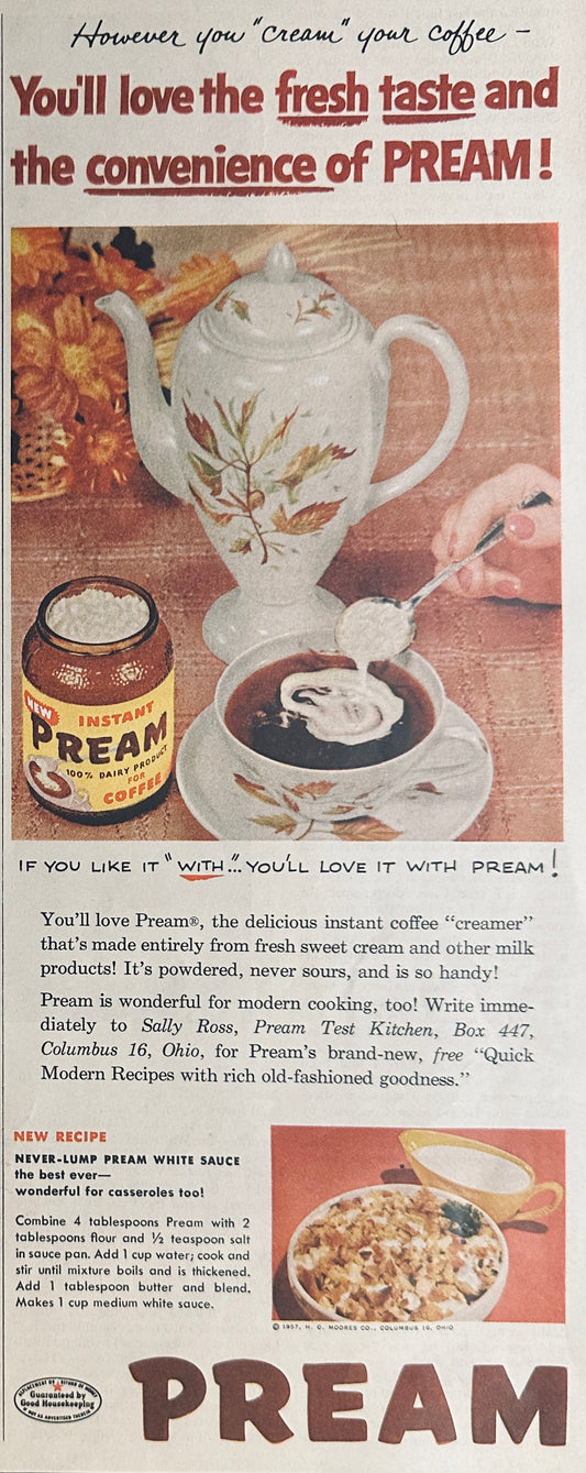 1957 Pream Coffee Creamer made from Cream & Other Milk Products Magazine Ad