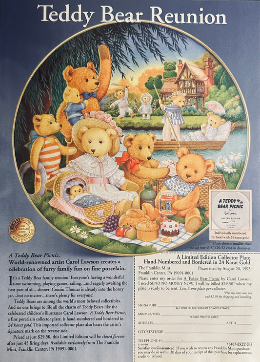 1993 The Franklin Mint - Teddy Bear Reunion - Collector Plate Limited Edition - Magazine Ad