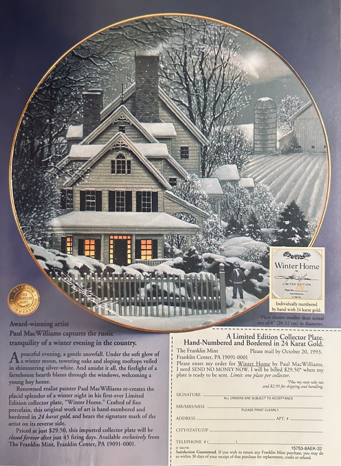 1993 Franklin Mint - Winter Home - Ltd Edition Collector Plate