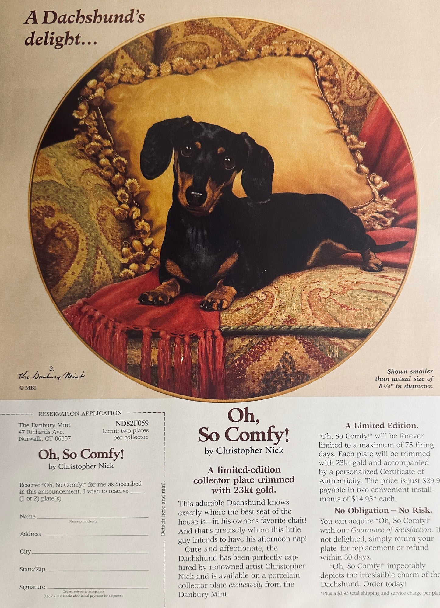 2003 Danbury Mint - Oh So Comfy - A Dachshund Collector's Plate Reservation Ad