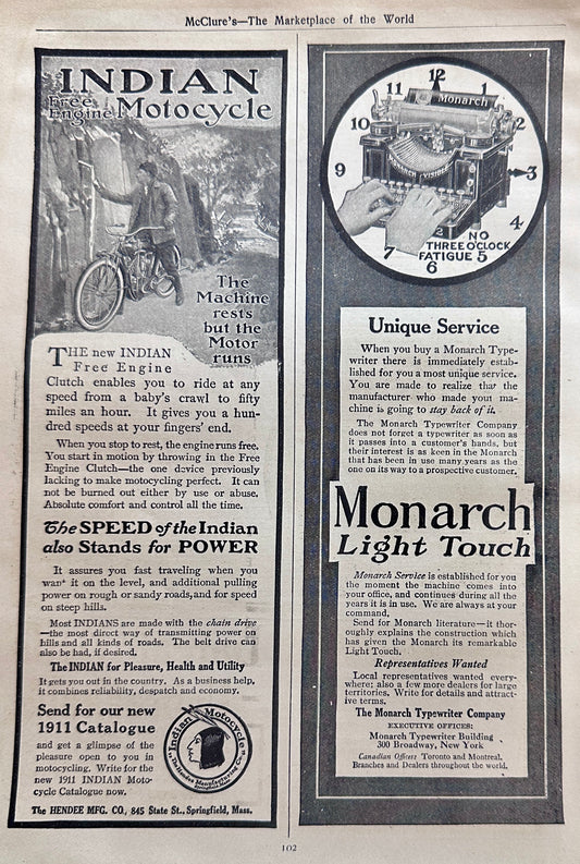 1911 Indian Motorcycle and Monarch Typewriter Ads #N1394