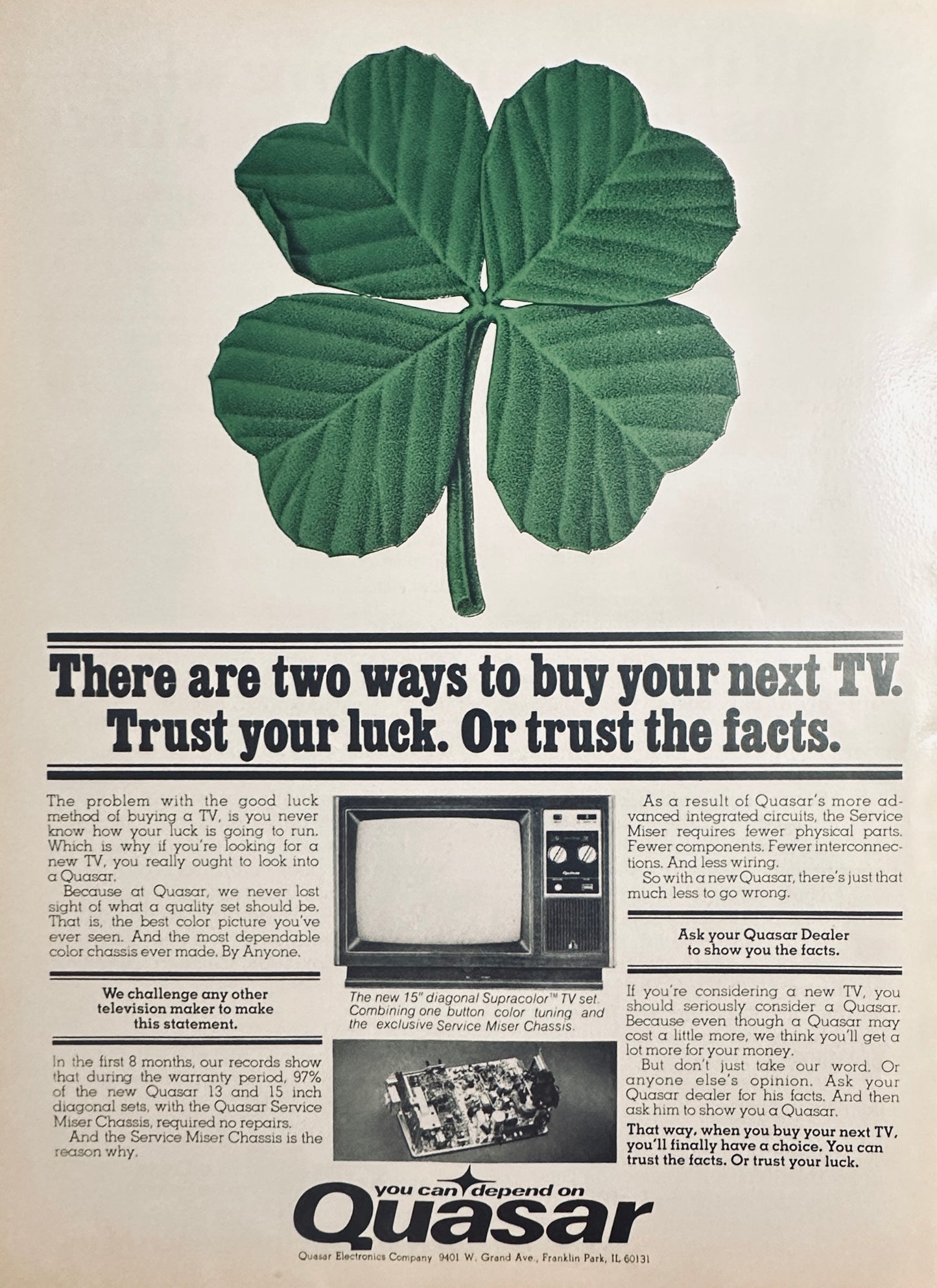 1976 Quasar Television - Trust Your Luck or Trust the Facts Magazine Ad