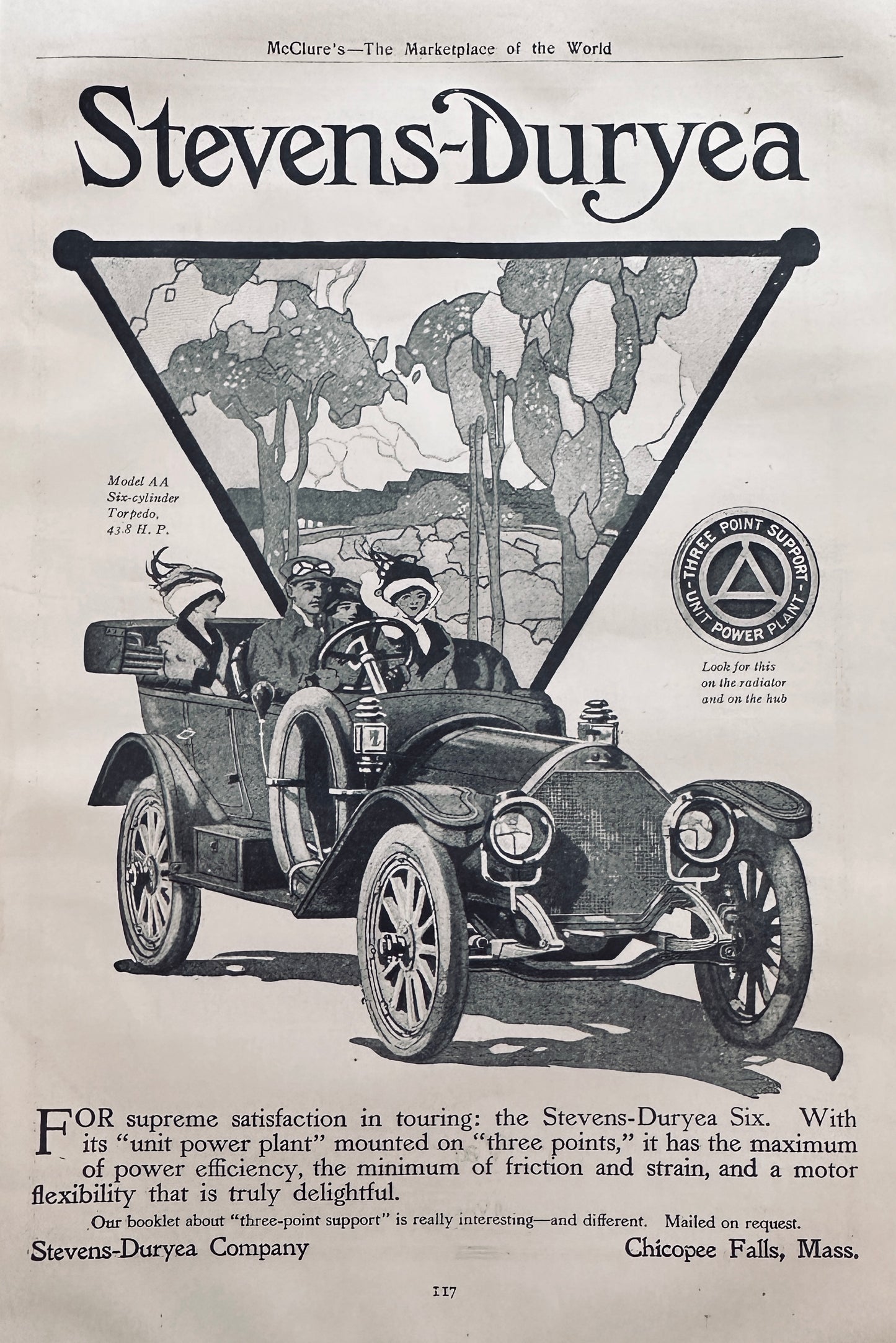 1911 Super Rare Stevens-Duryea Model AA 6-Cylinder Torpedo Roadster Ad #N1391
