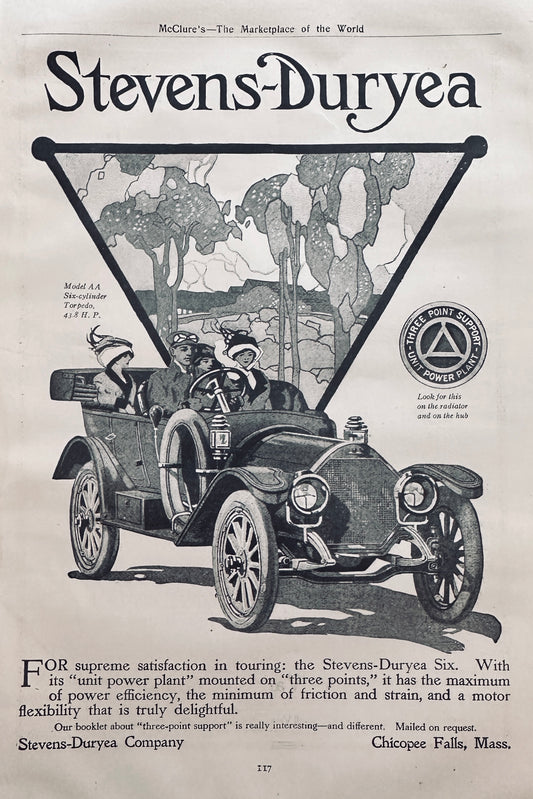 1911 Super Rare Stevens-Duryea Model AA 6-Cylinder Torpedo Roadster Ad #N1391