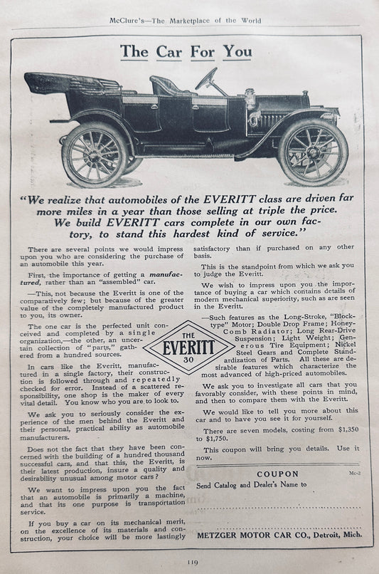1911 Everitt "30" Metzger Motor Car & Kodak #3 & #3A Ad #N1390