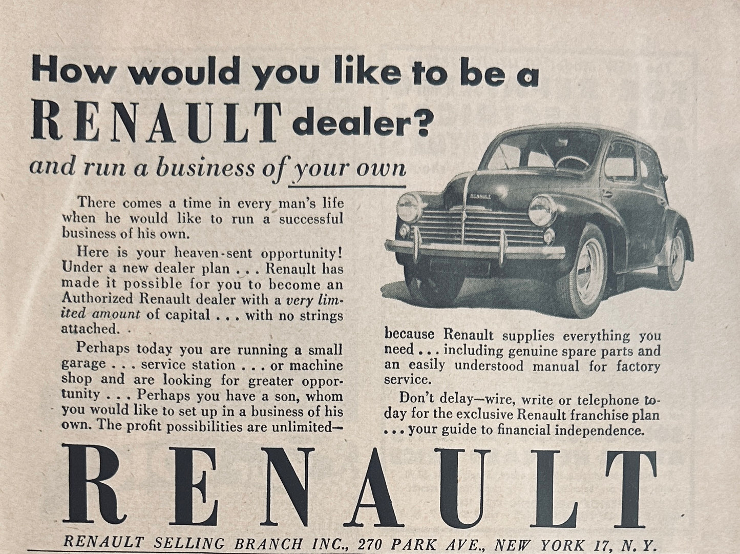 1951 Renault Fregate Magazine Ad - Looking for Renault Dealers in the US