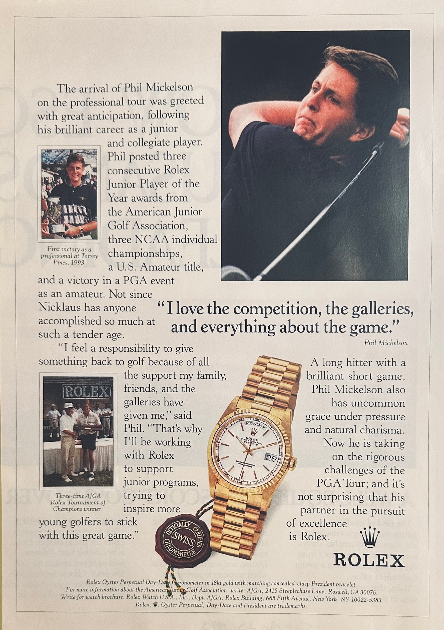 1993 Phil Mickelson & Rolex Support Junior Gold Programs Magazine Ad