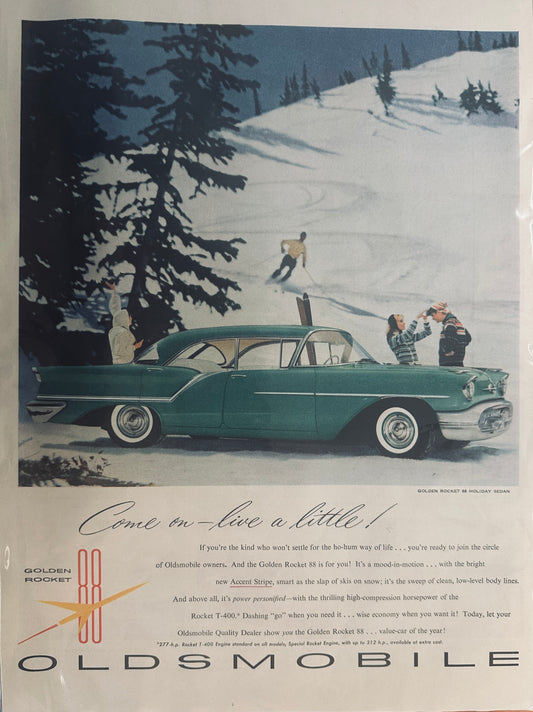 1957 Oldsmobile Golden Rocket 88 Holiday Sedan Ski Day - Magazine Ad