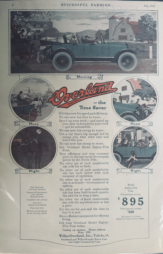 1917 Extremely Rare Color Full Page Overland Model Eighty-Five Four Magazine Ad #1355