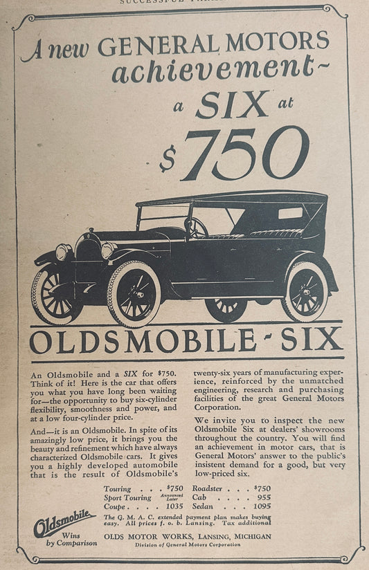 1922 Oldsmobile ~ Six at $750 - Magazine Ad #A326
