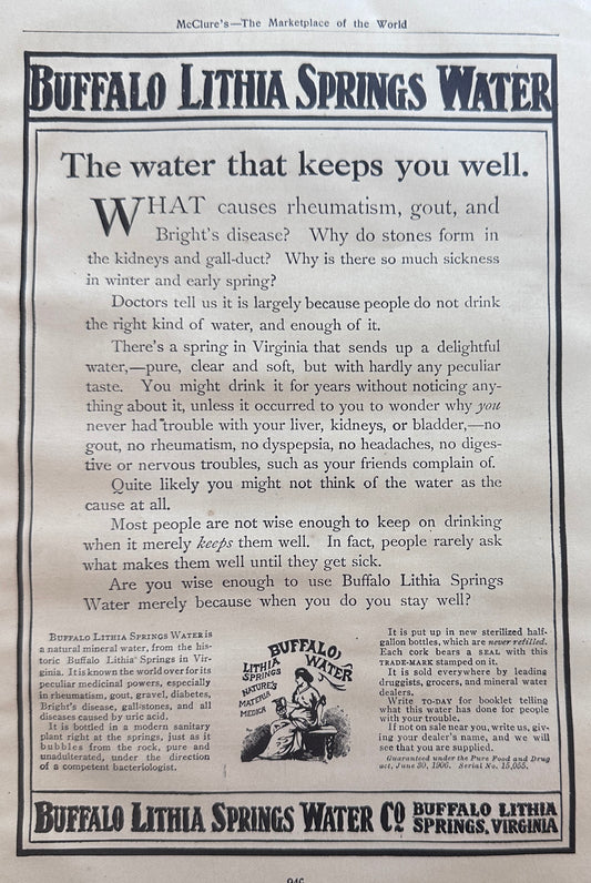 1911 Buffalo Lithia Springs Water - The Water that Keeps You Well Ad #N1374