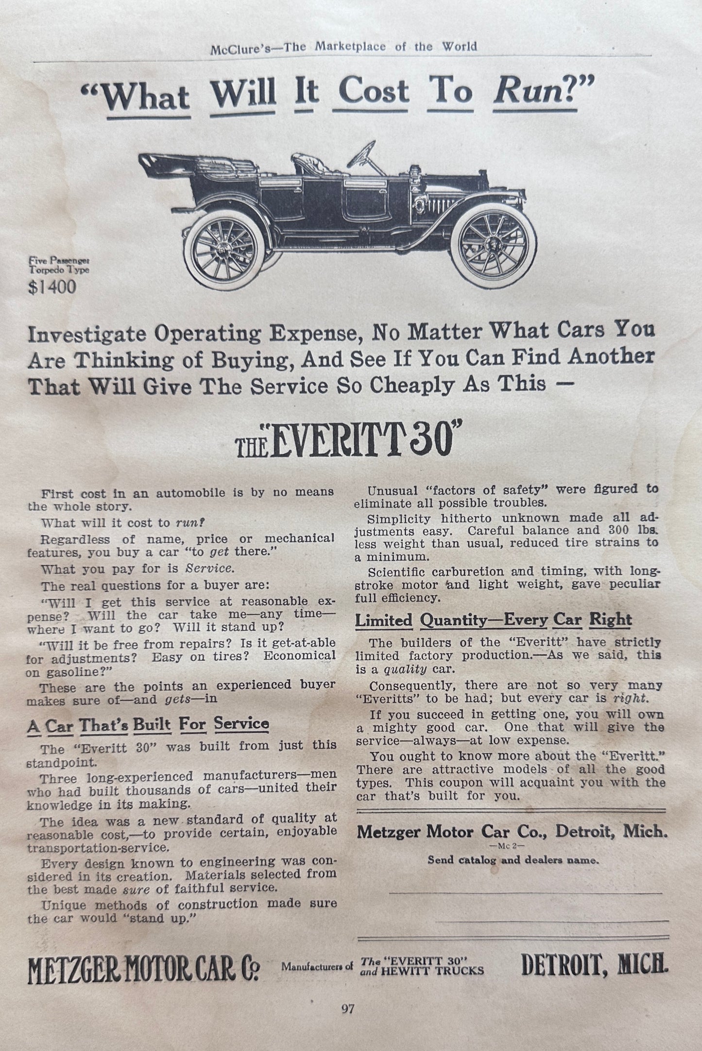 1911 Metzger Motor Car Co Everitt "30" & Abbott-Detroit Automobile Ad #N1372