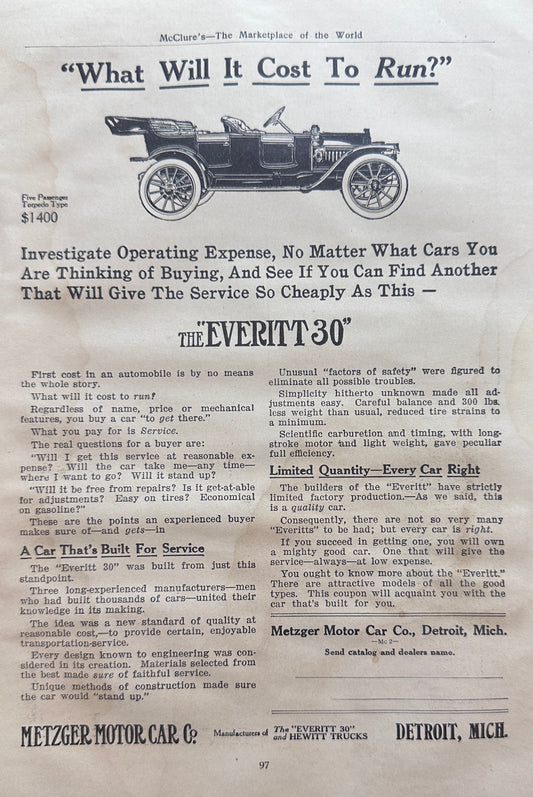 1911 Metzger Motor Car Co Everitt "30" & Abbott-Detroit Automobile Ad #N1372