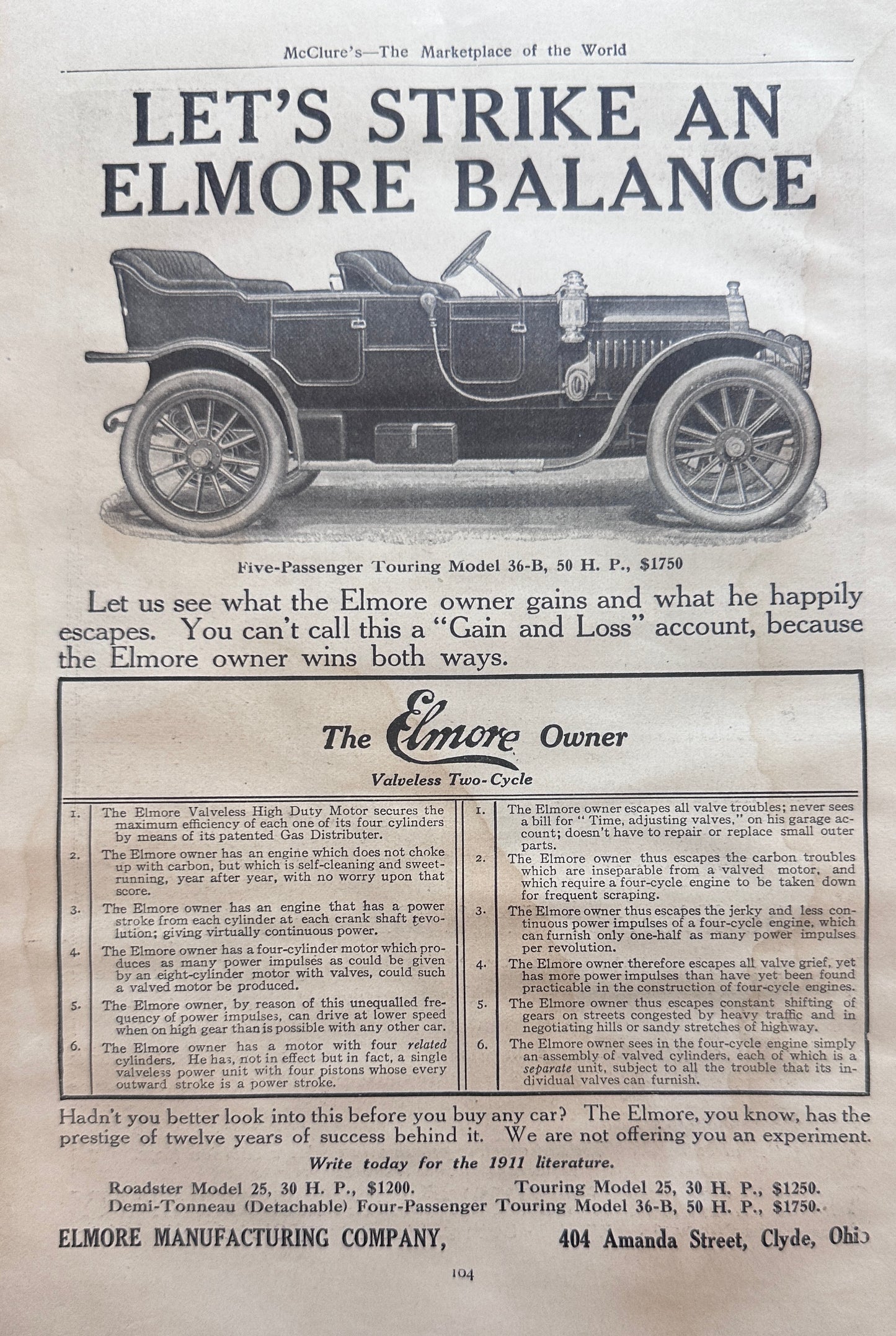 1911 Elmore Touring Car & Baker Electric Auto Ads #N1371