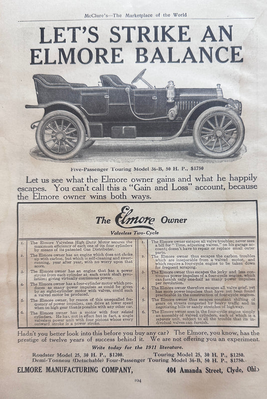 1911 Elmore Touring Car & Baker Electric Auto Ads #N1371