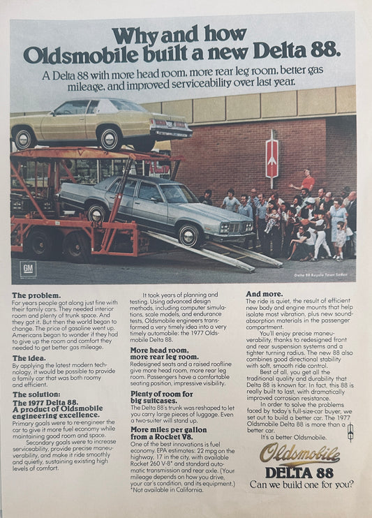 1977 Oldsmobile Delta 88 Roomy & Efficient at the Same Time - Magazine Ad