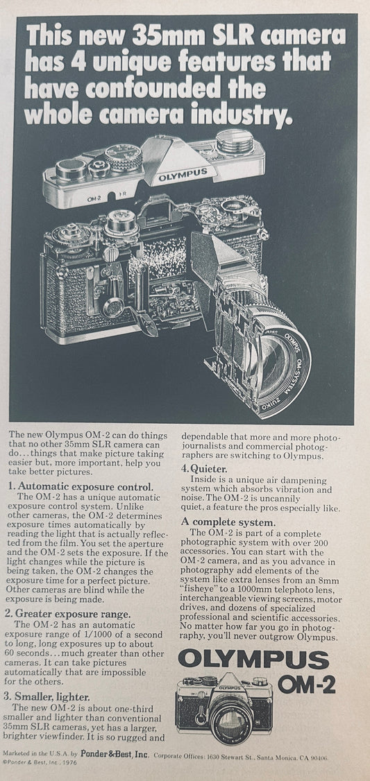 1976 Olympus 35mm SLR OM-2 Camera - Magazine Ad - 4 Unique Features