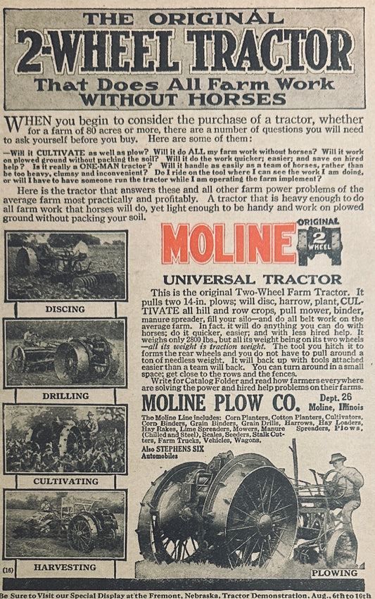 1917 Moline Universal tractor Original 2-Wheel Tractor Magazine Ad