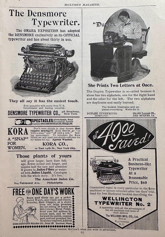 1898 Antique Typewriter Ads, Densmore, Duplex & Wellington Ad #N1480
