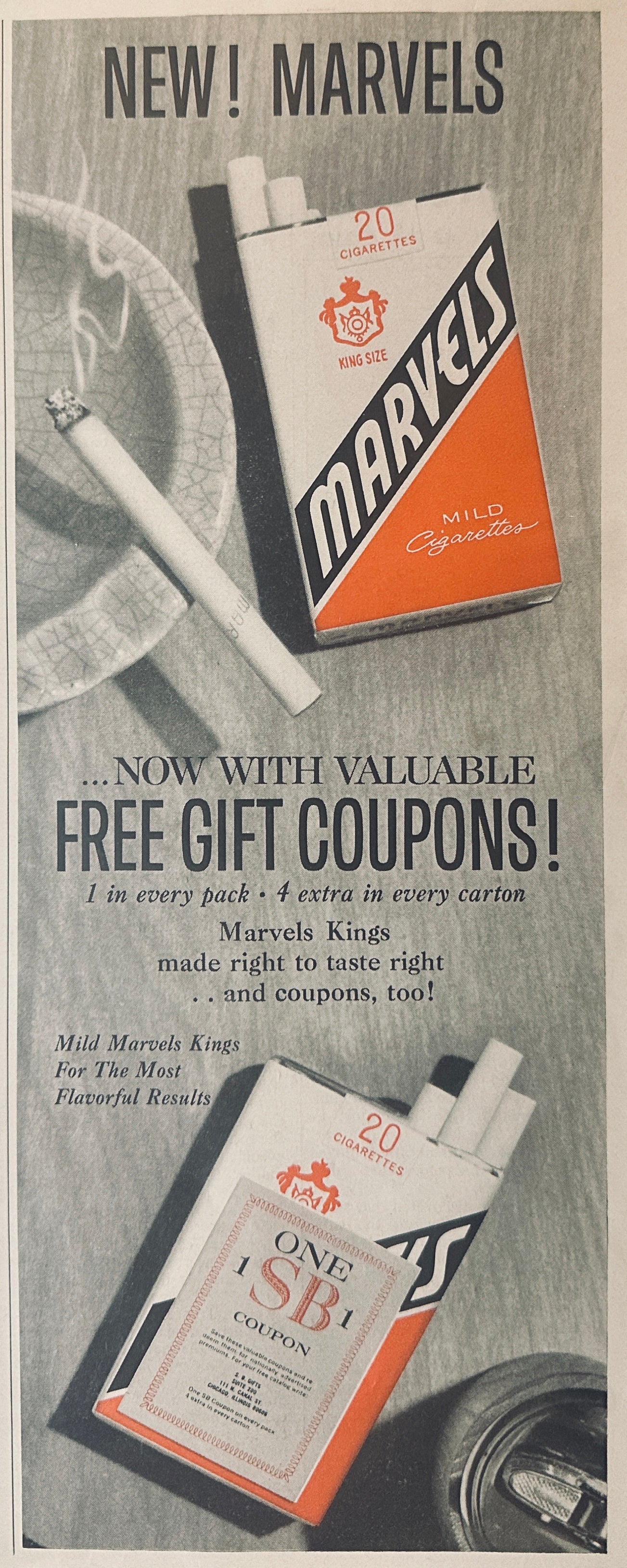 1957 Marvels King Size Cigarette - Free Coupon In Every Pack - Magazine Ad