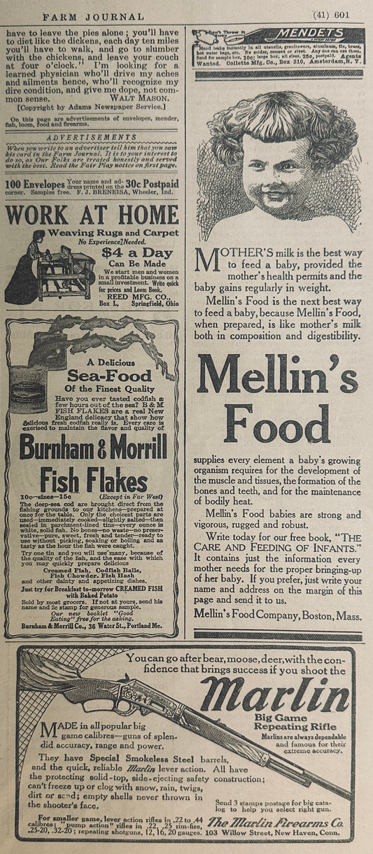 1915 Miscellaneous Magazine Ads, Mellin's Food, Marlin Rifle, Gold Dust Powder