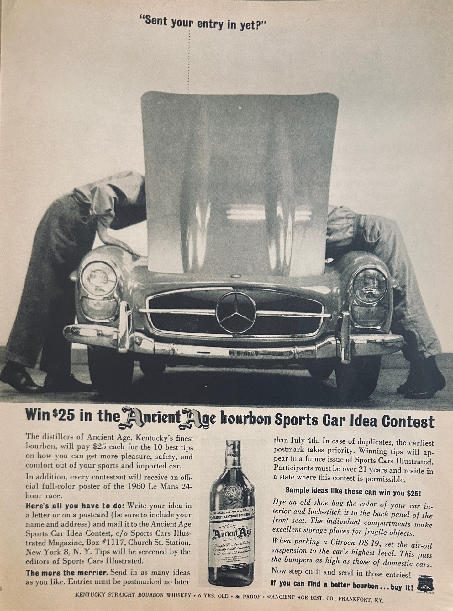 1960 Mercedes Benz & Ancient Age Bourbon Magazine Ad - Too Weird When You Read It!