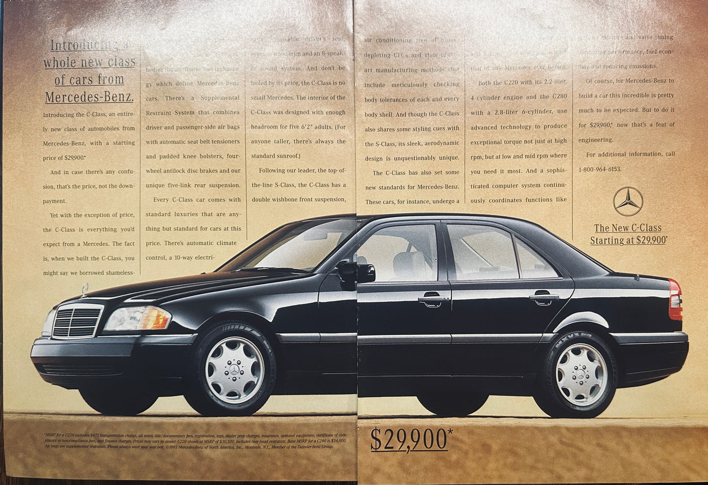 1993 3-Page Centerfold Black Mercedes C-Class Sedan Magazine Ad