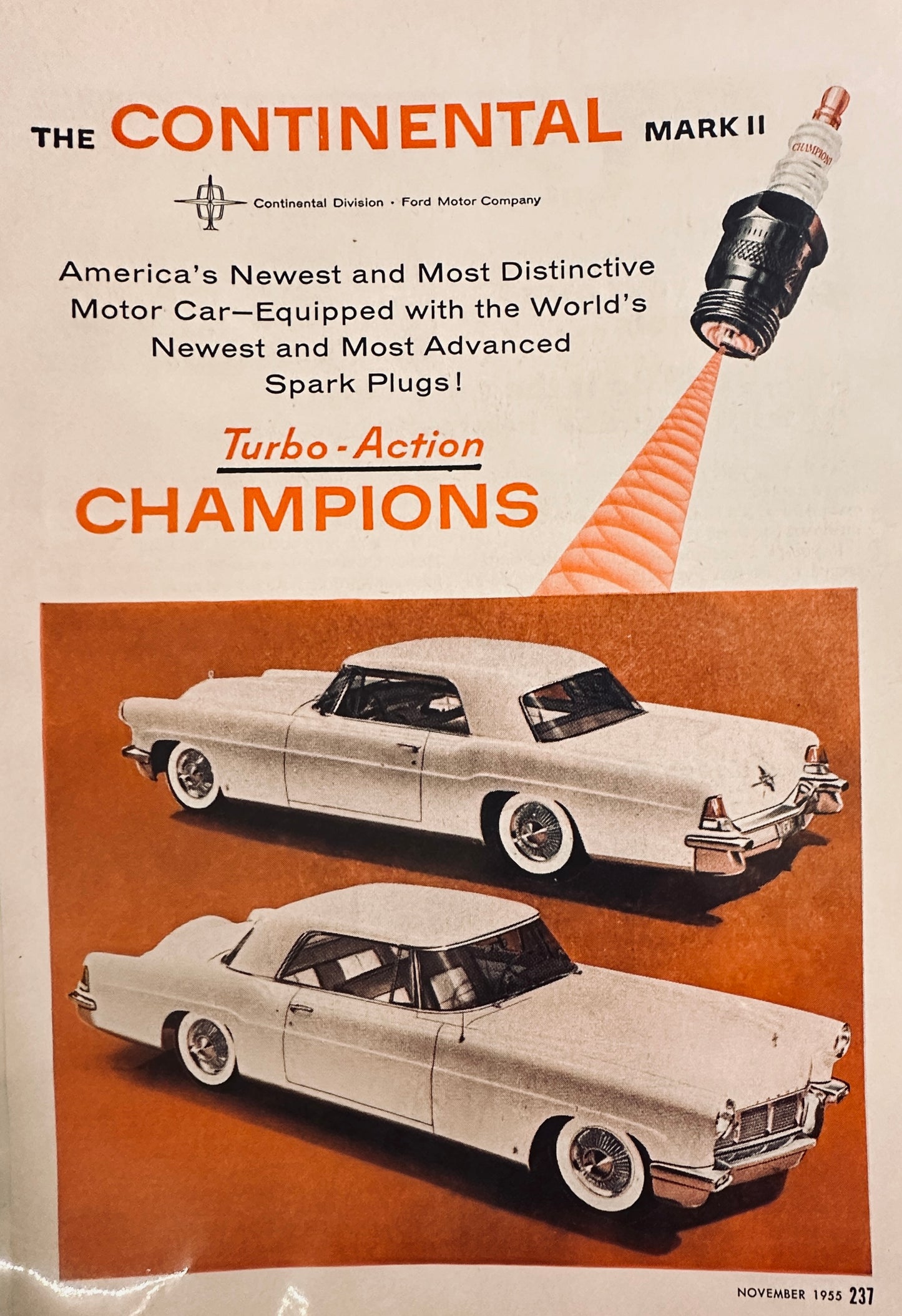 1955 White Lincoln Continental Mark II - Champion Spark Plugs - Magazaine Ad