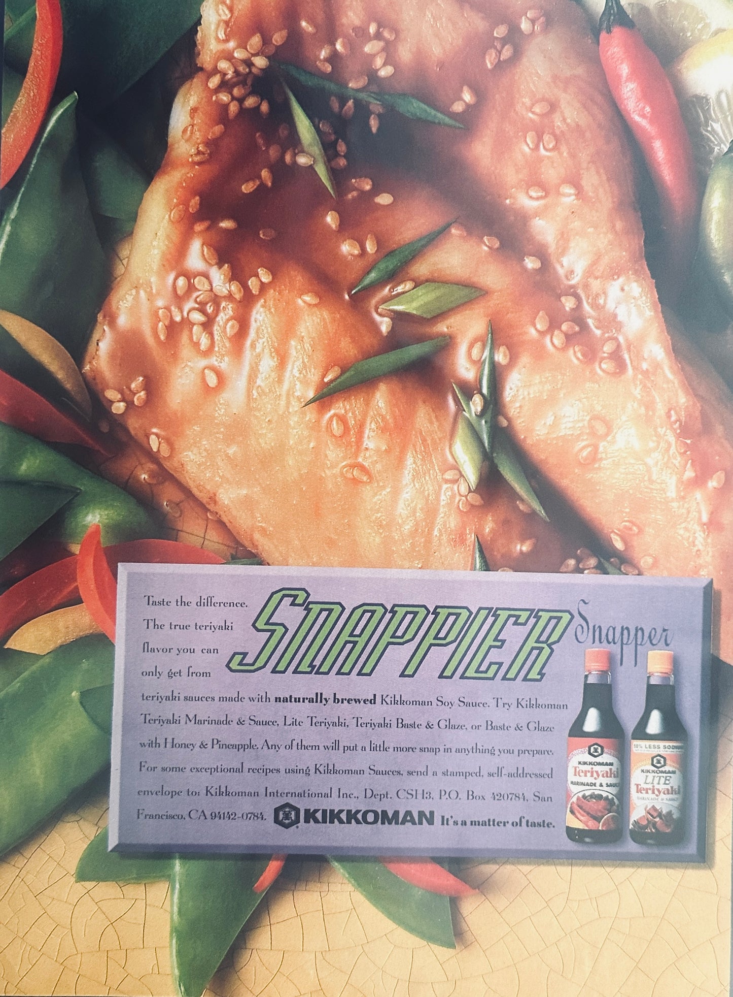 1993 Kikkoman Teriyaki Soy Sauce Goes with Red Snapper - Magazine Ad