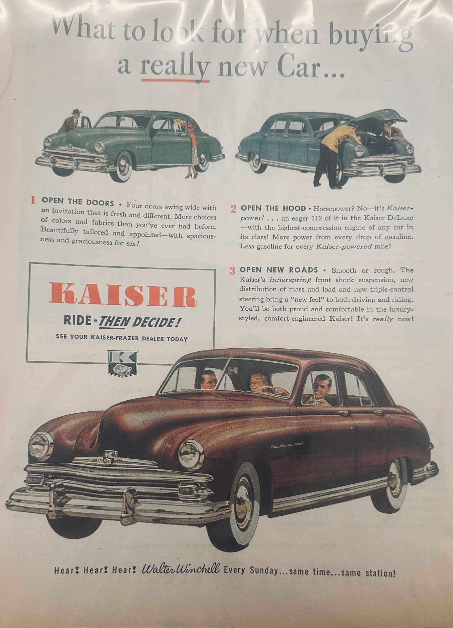 1949 Kaiser Frazer  de Luxe 4-Door Sedan + GE Refrigerator Ad