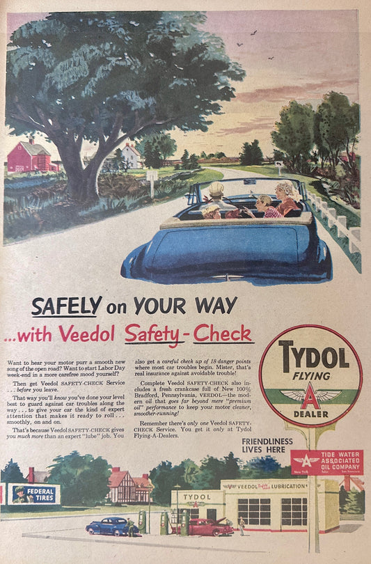 1950 Tydol Flying A Gasoline And Veedol Lubrication Ad #108