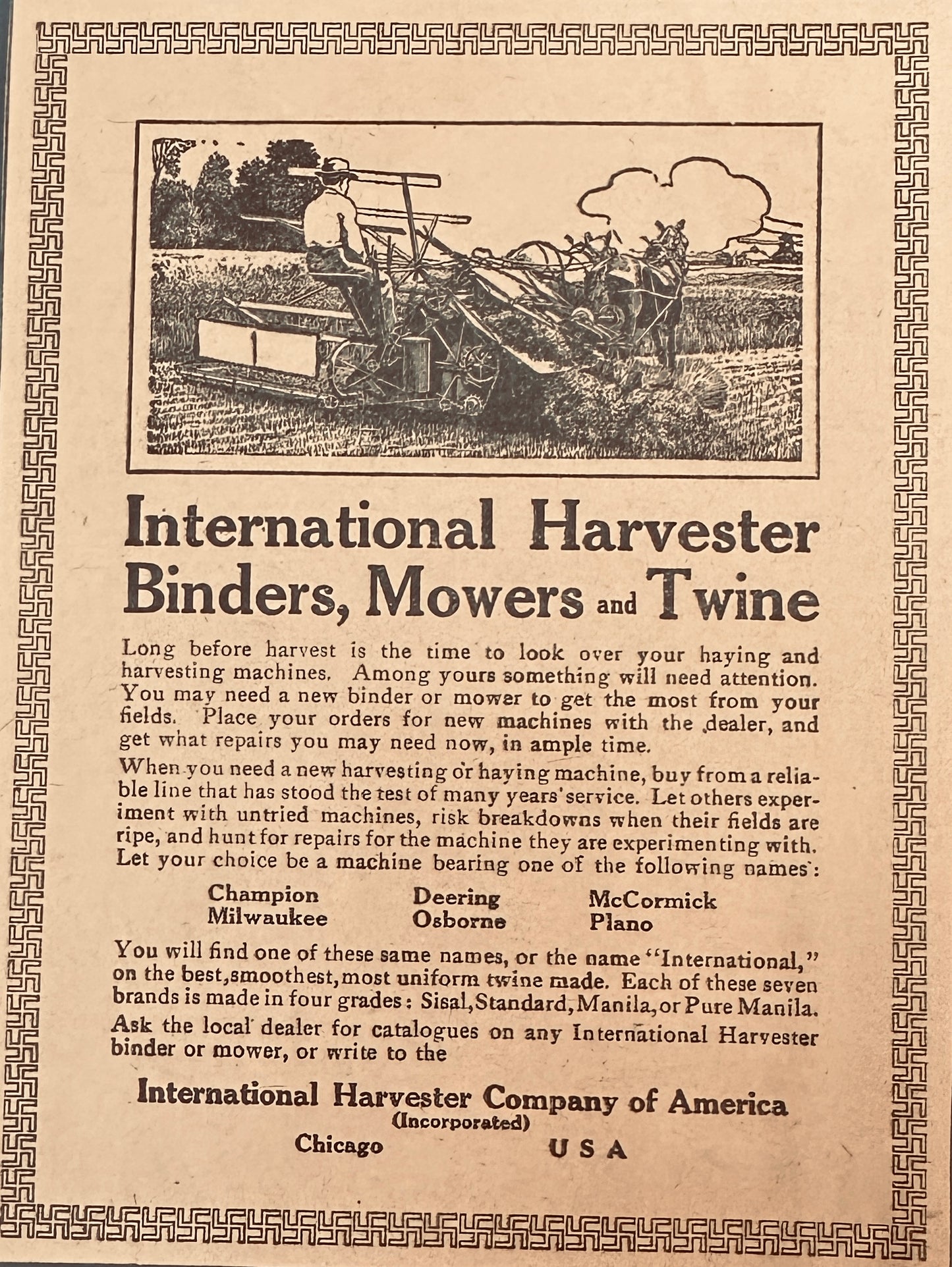 1910 - 1919 International Harvester Binders, Mowers & Twine Magazine Ad