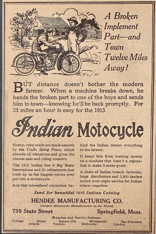 1915 Indian Motocycle - On the Farm - Magazine Ad N472