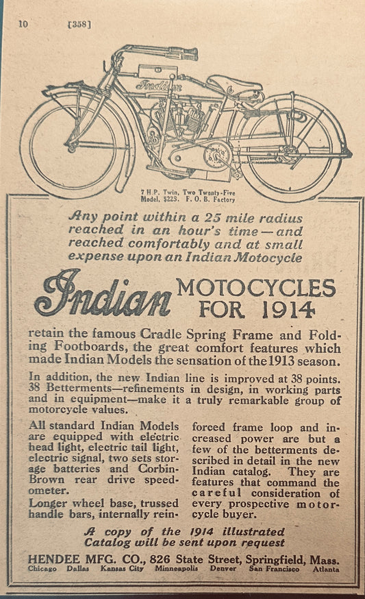 1914 Indian 7HP Two Twenty Five Motorcycle - Original Magazine Ad N471
