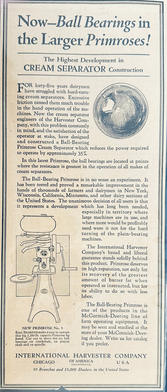 1922 International Harvester Primrose No .5 Cream Separator Magazine Ad N1016