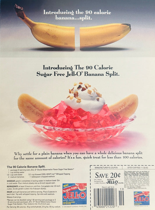 1993 Jell-o Jello Sugar Free Banana Split Magazine Ad