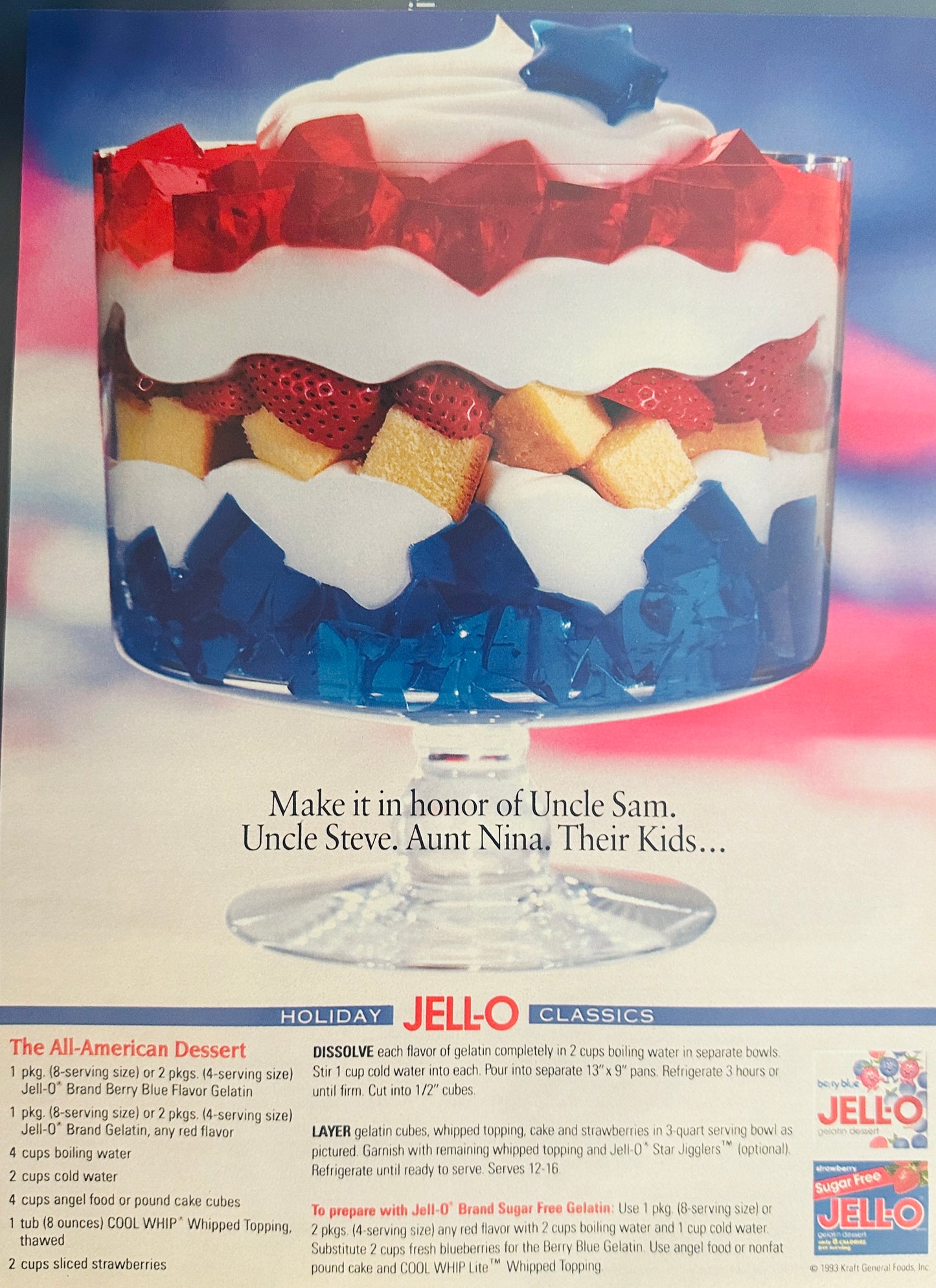 1993 Jell-o Jello All American Dessert, Red, White & Blue Parfait - Magazine Ad