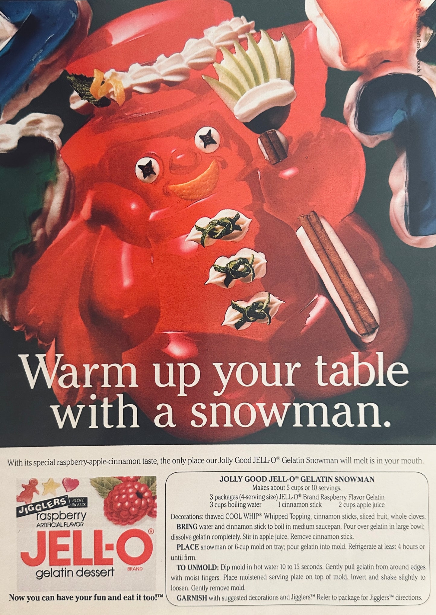 1992 Jello Snowman Recipe Magazine Ad