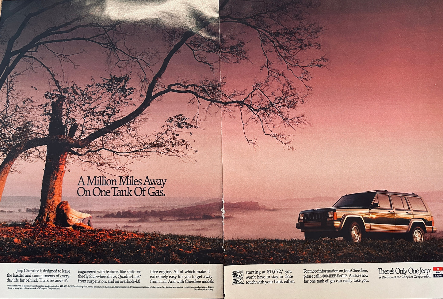 1992 11 x 17" 2-Page Jeep Cherokee - Million Miles Away - Magazine Ad