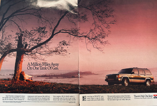 1992 11 x 17" 2-Page Jeep Cherokee - Million Miles Away - Magazine Ad