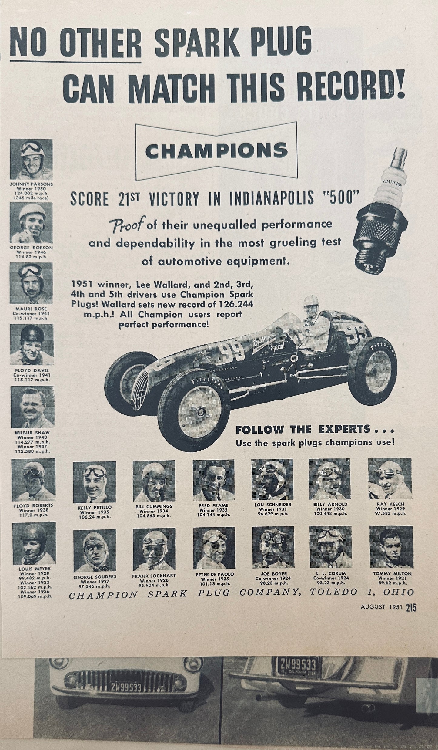 1951 Indianapolis 500 Champion Spark Plugs and Racers