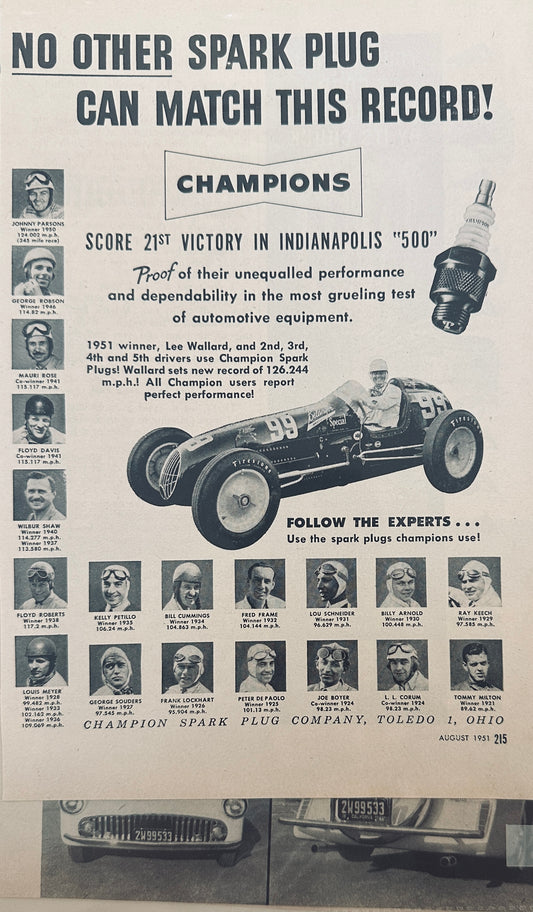 1951 Indianapolis 500 Champion Spark Plugs and Racers