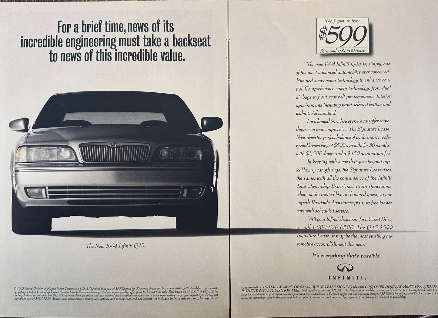 1993 2-Page 11x17" Magazine Ad for 1994 Infiniti Q45 Sedan