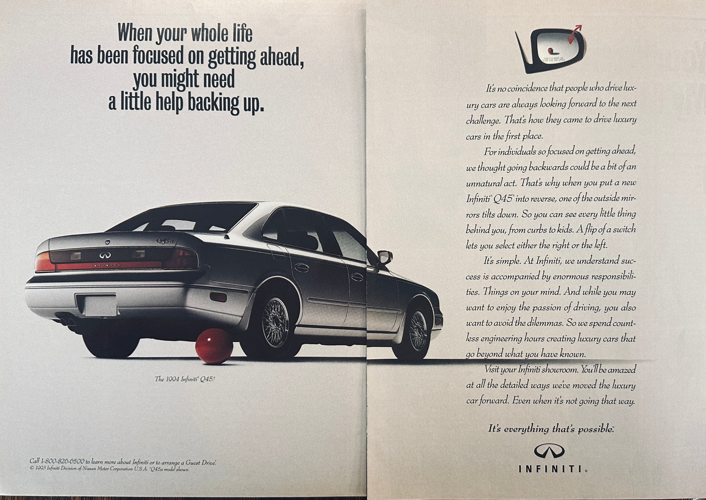 1994 2-Page 11 x 17" Magazine Ad for Infiniti Q45 Sedan with Backup Sensors