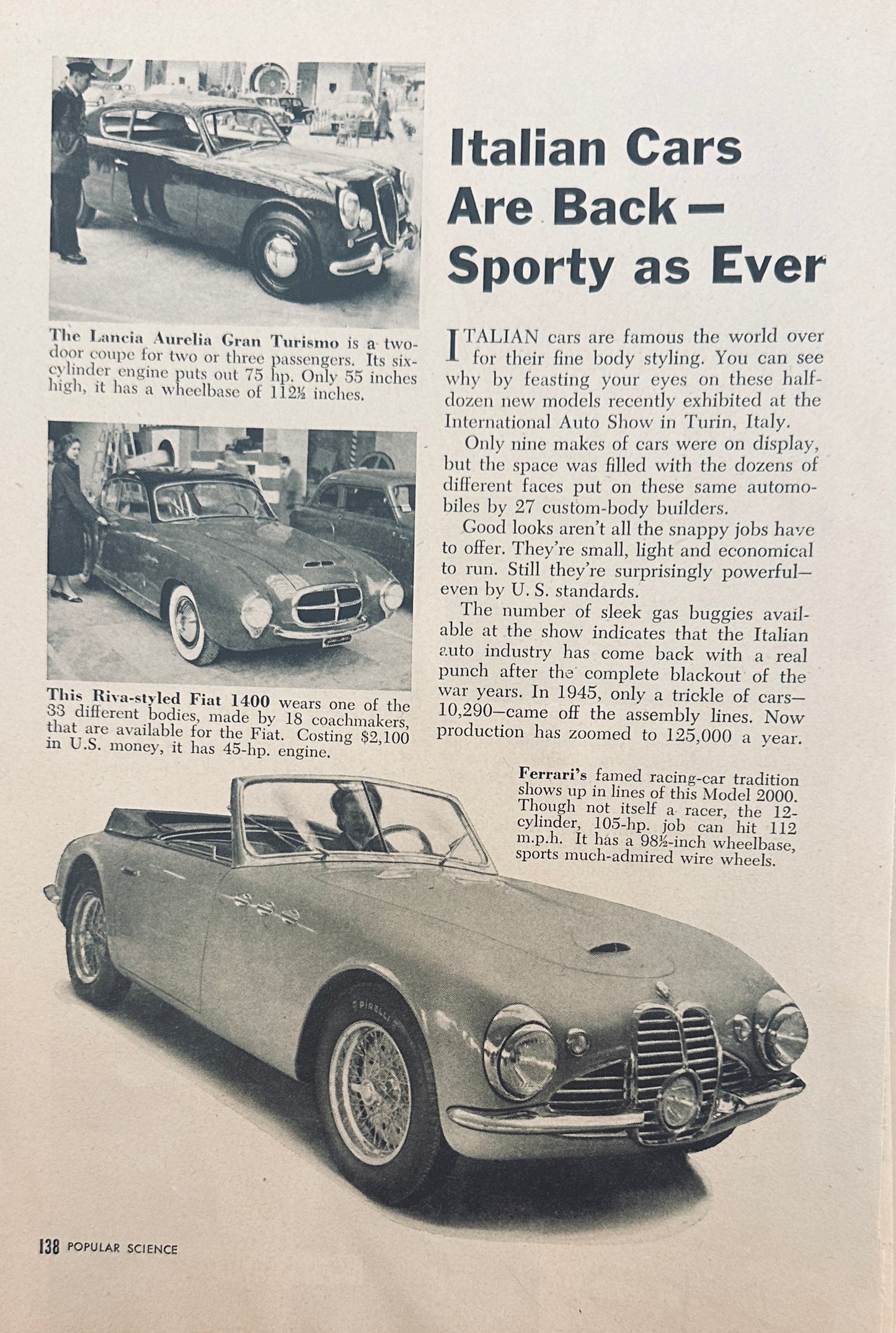 1951 Italian Cars Magazine Article, Fiat, Ferrari, Lancia, Alfa