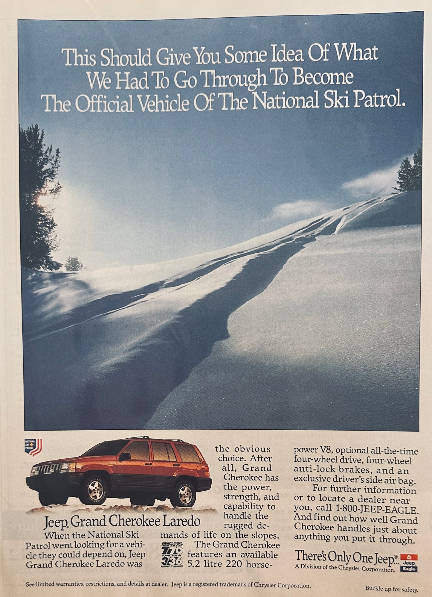 1993 Red Jeep Grand Cherokee Laredo  Snow Path Magazine Ad